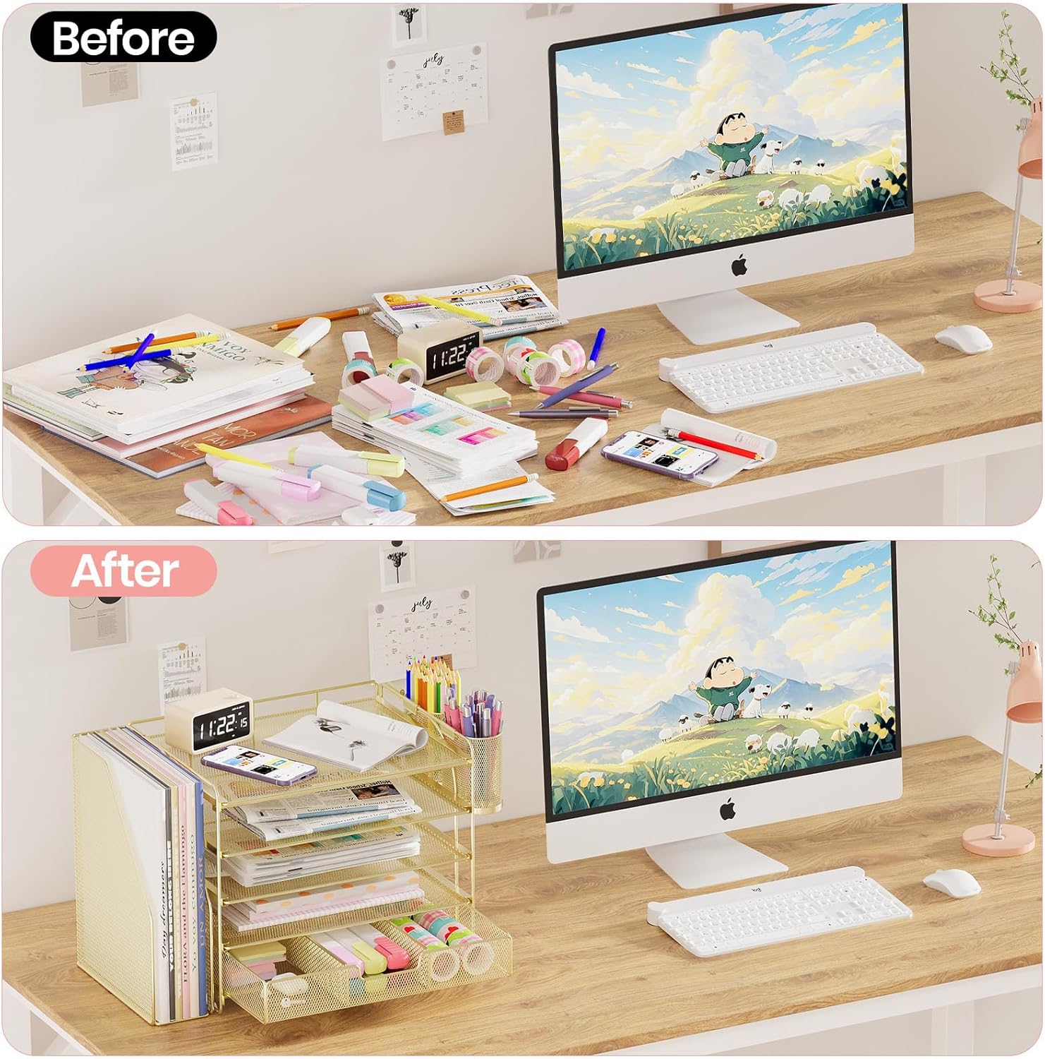 Desk Organizers and Accessories, 5-Tier Paper File Organizer with Drawer &amp; Pen Holder, Office Desk Accessories Workspace Desktop Organizer for Office Supplies(Gold)