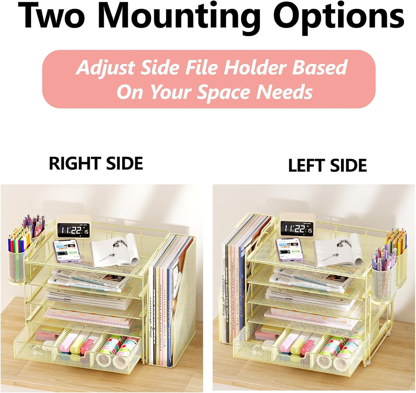 Desk Organizers and Accessories, 5-Tier Paper File Organizer with Drawer &amp; Pen Holder, Office Desk Accessories Workspace Desktop Organizer for Office Supplies(Gold)