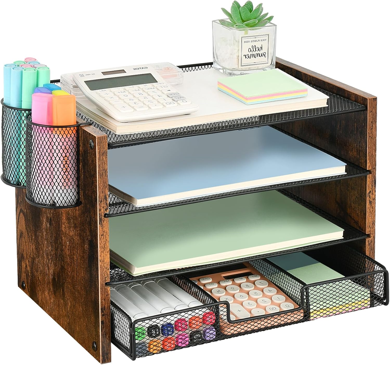 Desk Organizer and Accessories, 4-Tier Paper Letter Tray File Organizer with Drawer &amp; 2 Pen Holder, Office Desk Accessories Workspace Desktop Organizer for Office Supplies(Brown)