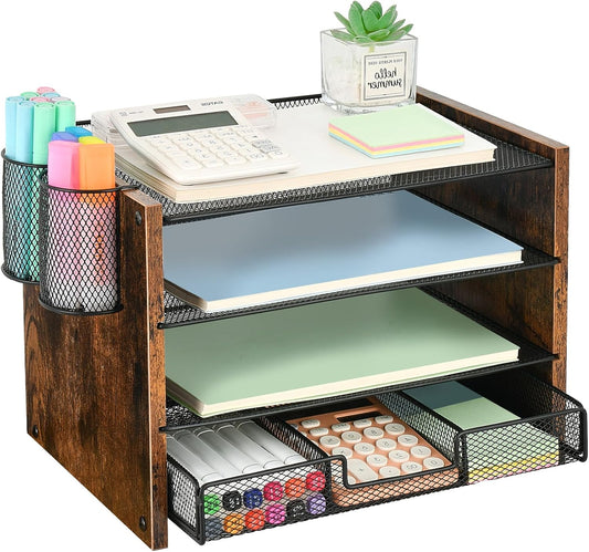 Desk Organizer and Accessories, 4-Tier Paper Letter Tray File Organizer with Drawer &amp; 2 Pen Holder, Office Desk Accessories Workspace Desktop Organizer for Office Supplies(Brown)