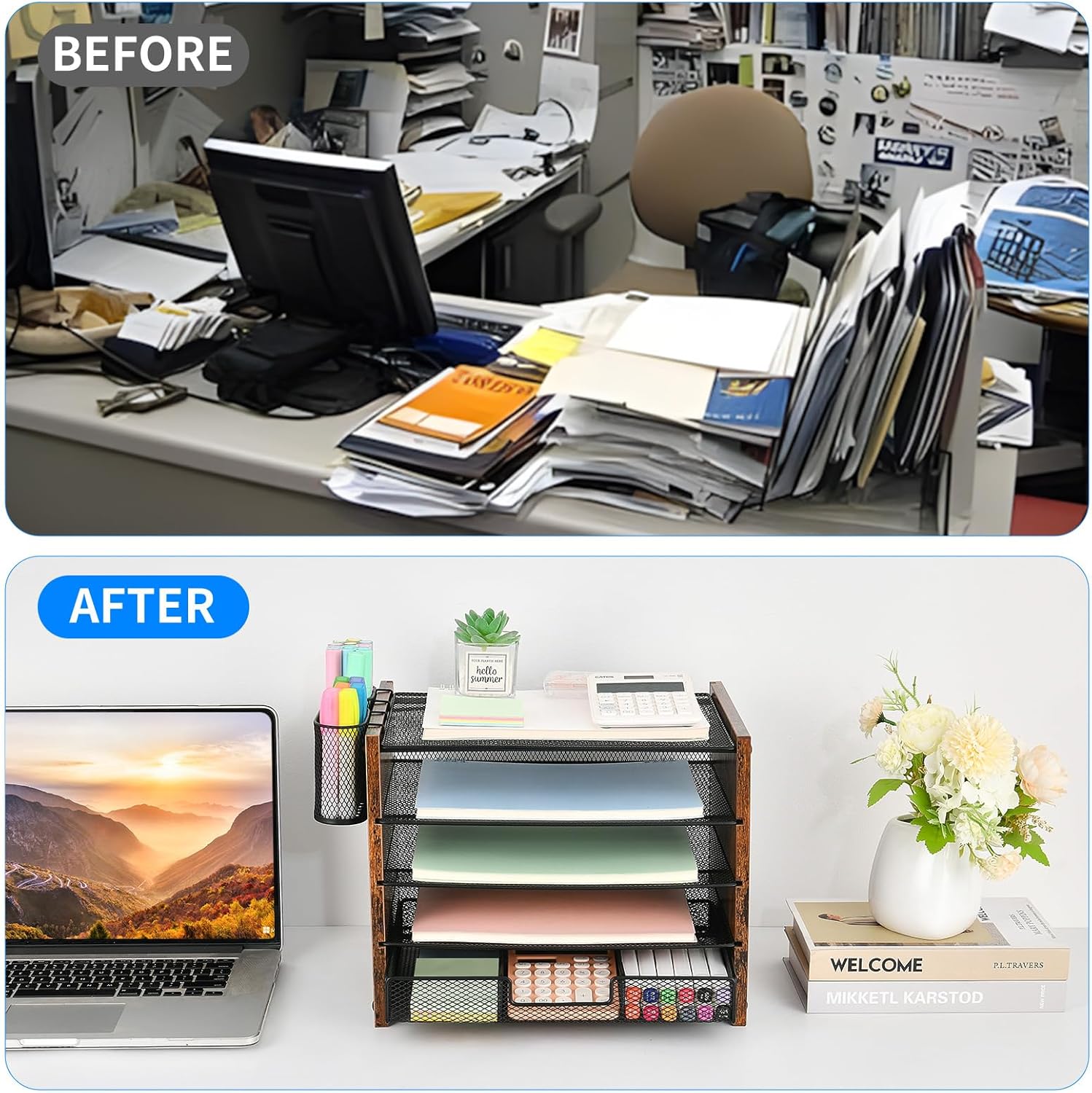 Desk Organizer and Accessories, 5-Tier Paper Letter Tray File Organizer with Drawer &amp; 2 Pen Holder, Office Desk Accessories Workspace Desktop Organizer for Office Supplies(Brown)