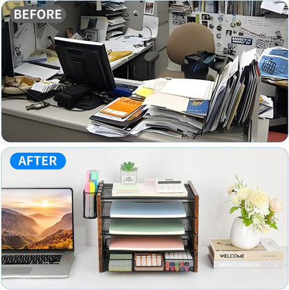 Desk Organizer and Accessories, 5-Tier Paper Letter Tray File Organizer with Drawer &amp; 2 Pen Holder, Office Desk Accessories Workspace Desktop Organizer for Office Supplies(Brown)